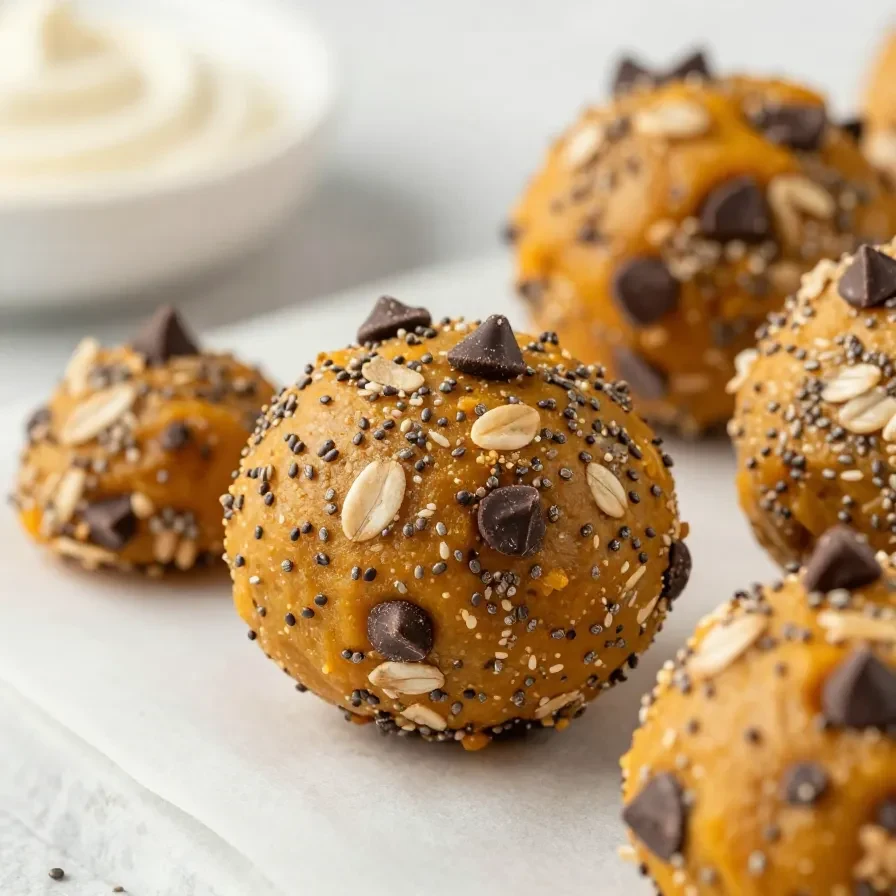 Homemade pumpkin spice energy bites rolled in oats and cinnamon on a white plate
