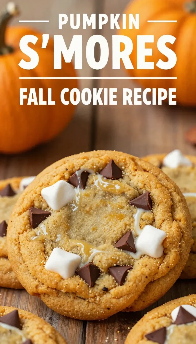 Stack of pumpkin s'mores cookies with melted chocolate, marshmallows, and graham cracker pieces on a cooling rack