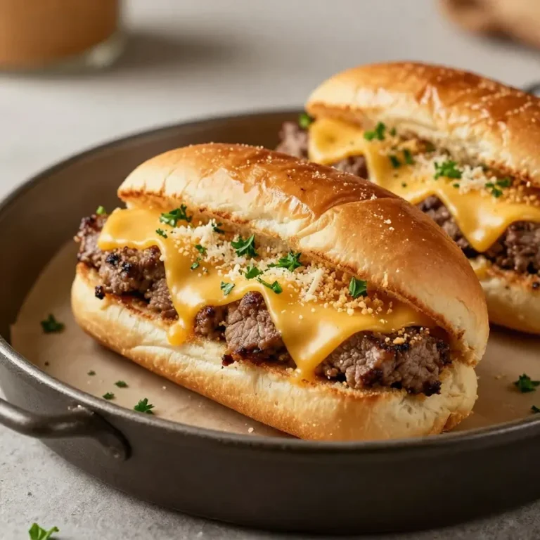 Close-up of garlic parmesan cheeseburger bombs with golden-brown biscuit dough and melted cheese.