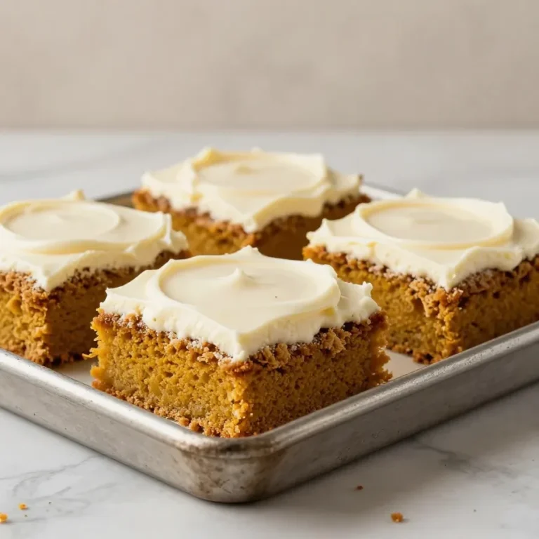 A moist pumpkin sheet cake topped with cream cheese frosting and a light dusting of cinnamon on a baking tray