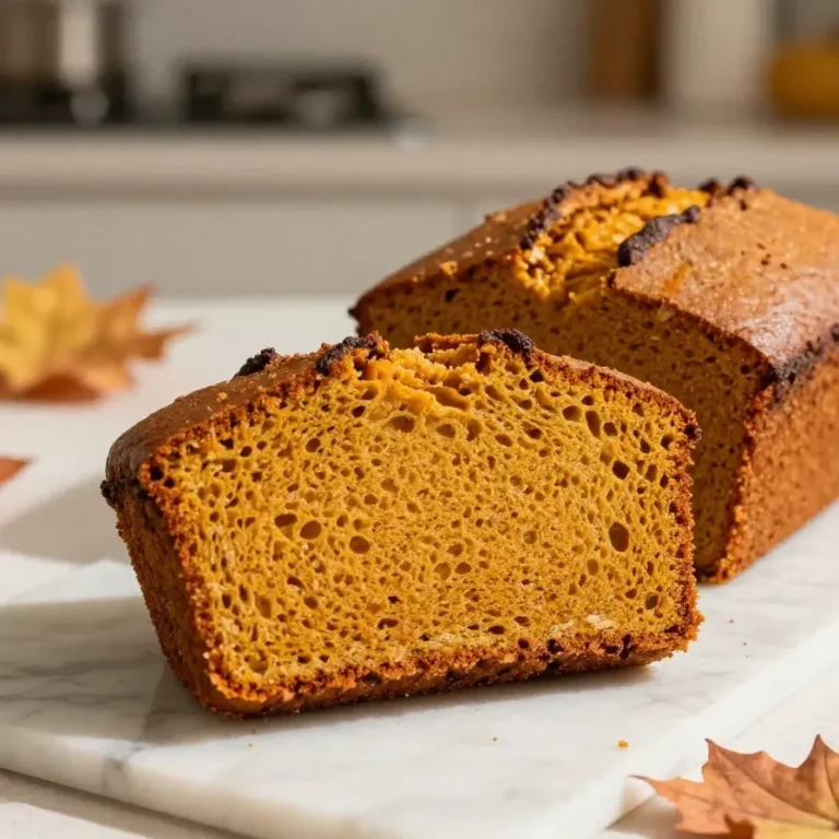 Pumpkin Loaf Recipe A sliced pumpkin loaf on a wooden board with a moist orange crumb and a light glaze.