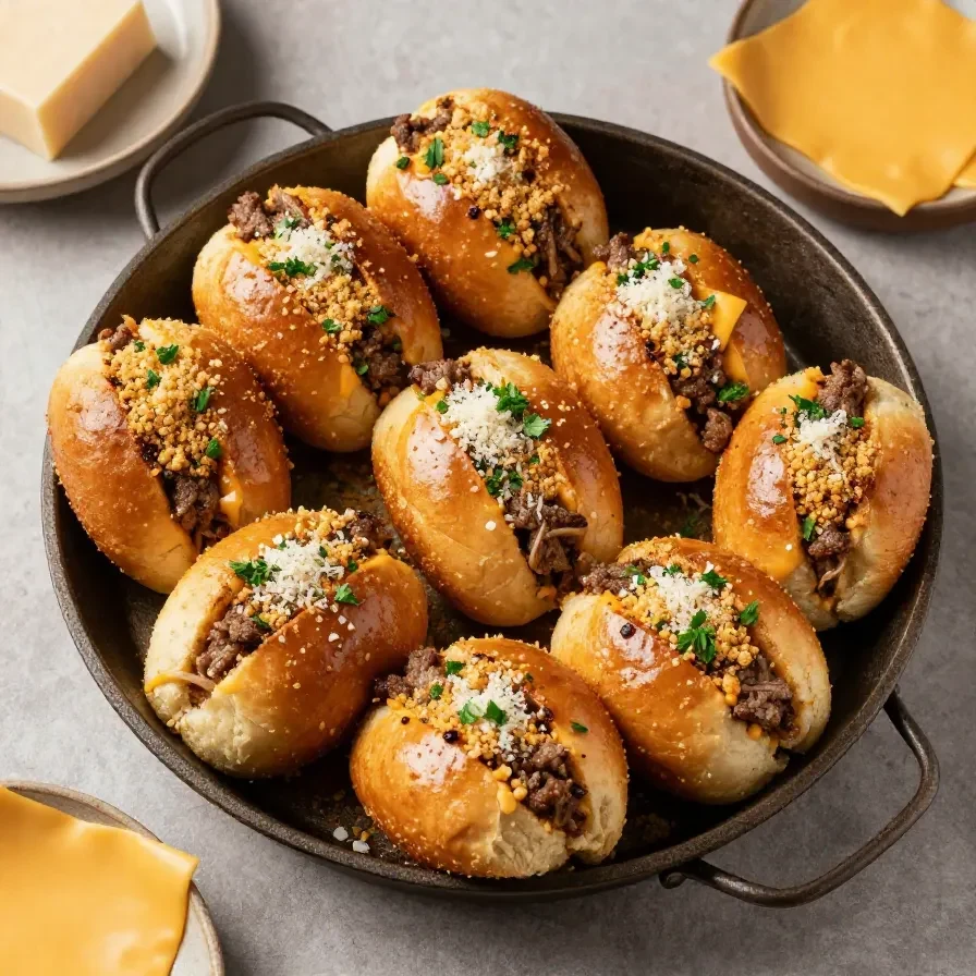 Close-up of garlic parmesan cheeseburger bombs with golden-brown biscuit dough and melted cheese.