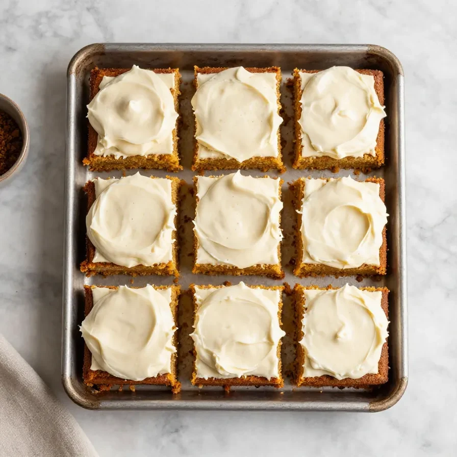 A moist pumpkin sheet cake topped with cream cheese frosting and a light dusting of cinnamon on a baking tray