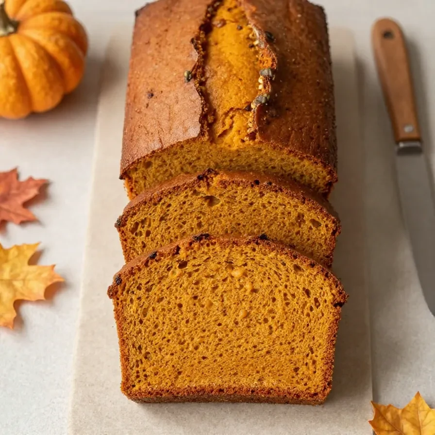 A sliced pumpkin loaf on a wooden board with a moist orange crumb and a light glaze.
