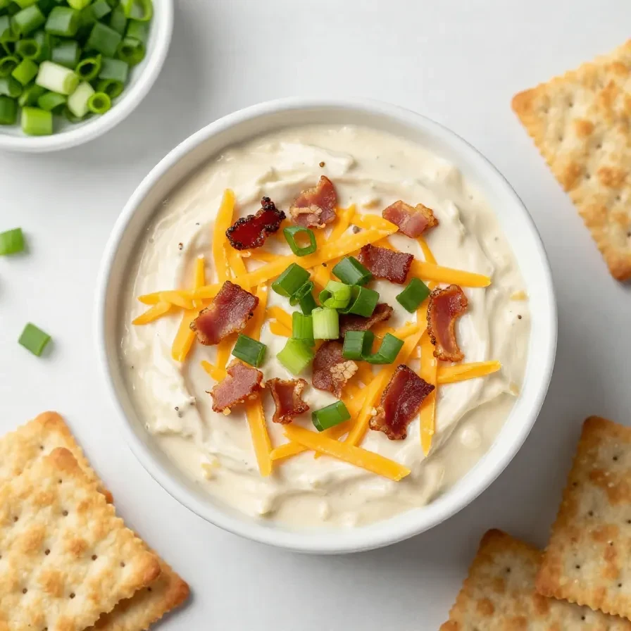 A creamy crack dip served in a bowl with a spoon and crackers on the side
