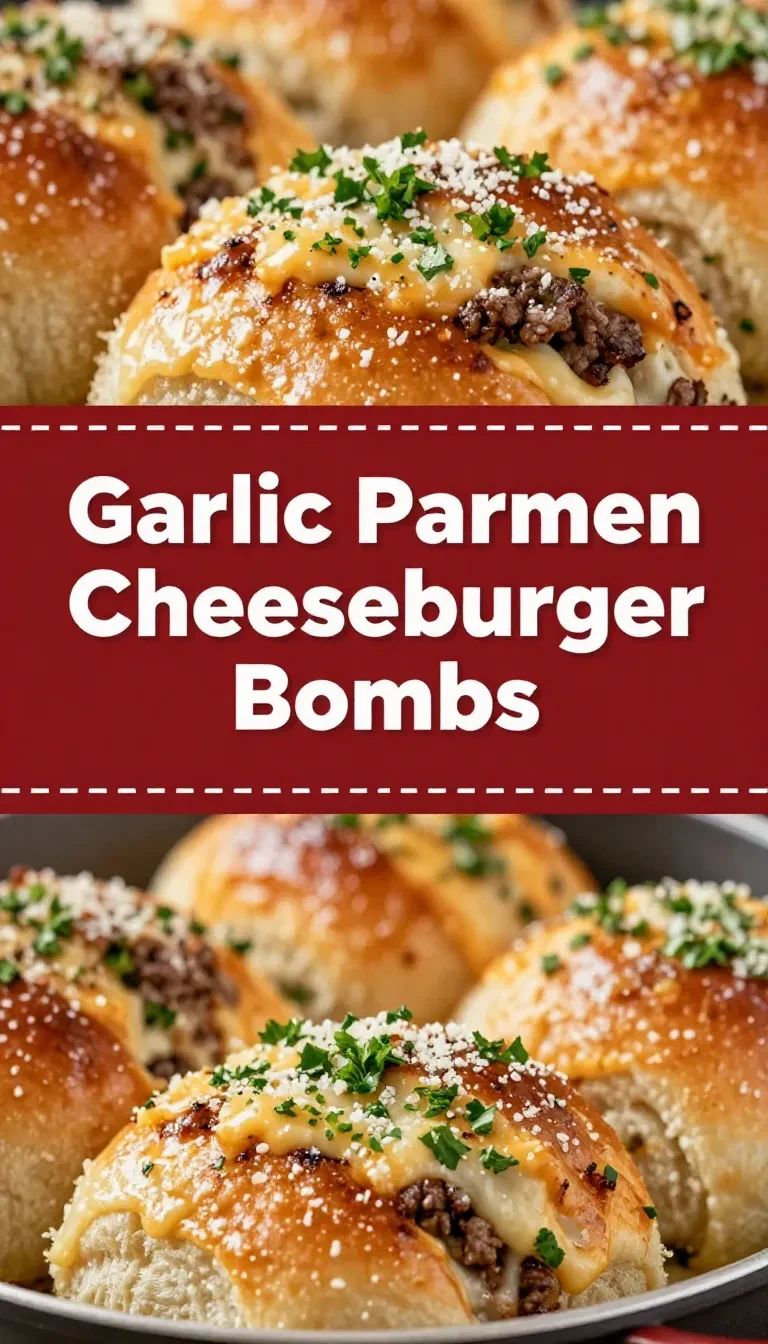 Close-up of garlic parmesan cheeseburger bombs with golden-brown biscuit dough and melted cheese.
