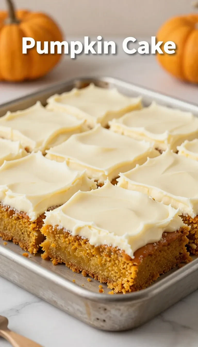 A moist pumpkin sheet cake topped with cream cheese frosting and a light dusting of cinnamon on a baking tray