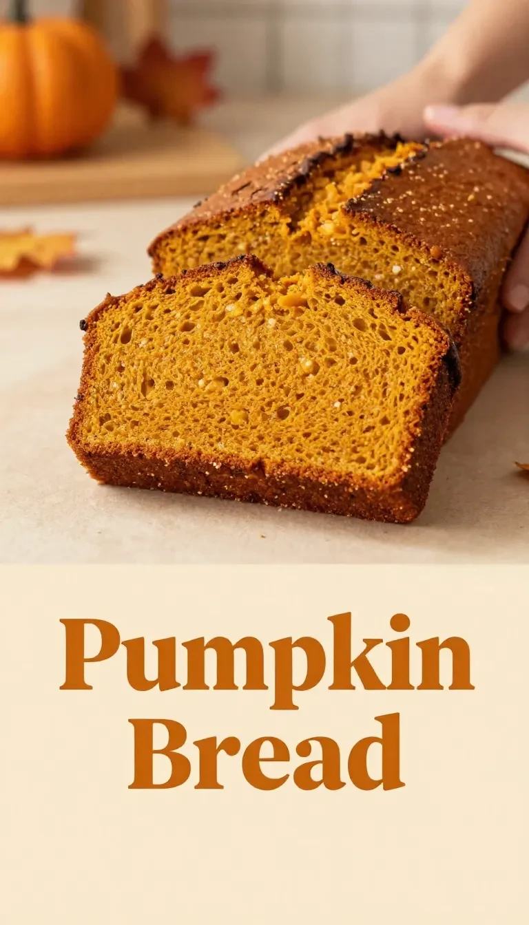 A sliced pumpkin loaf on a wooden board with a moist orange crumb and a light glaze.
