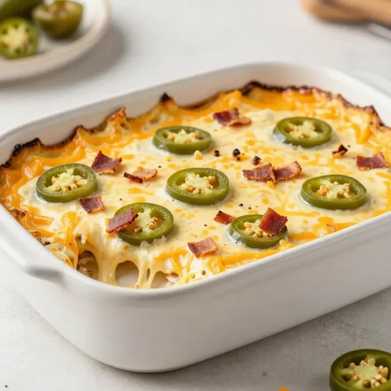 Creamy jalapeño popper dip topped with melted cheese, chopped jalapeños, and crispy breadcrumbs served in a baking dish with tortilla chips.