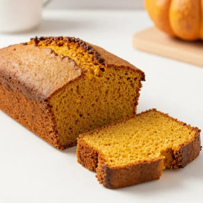 A loaf of incredibly moist pumpkin bread sliced on a wooden board with a soft crumb and warm autumn spices visible inside.