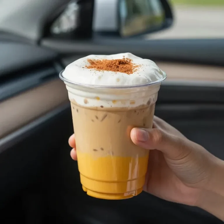 A Starbucks Pumpkin Cream Cold Brew served in a clear glass with whipped pumpkin cream, ice, and a dark coffee base.