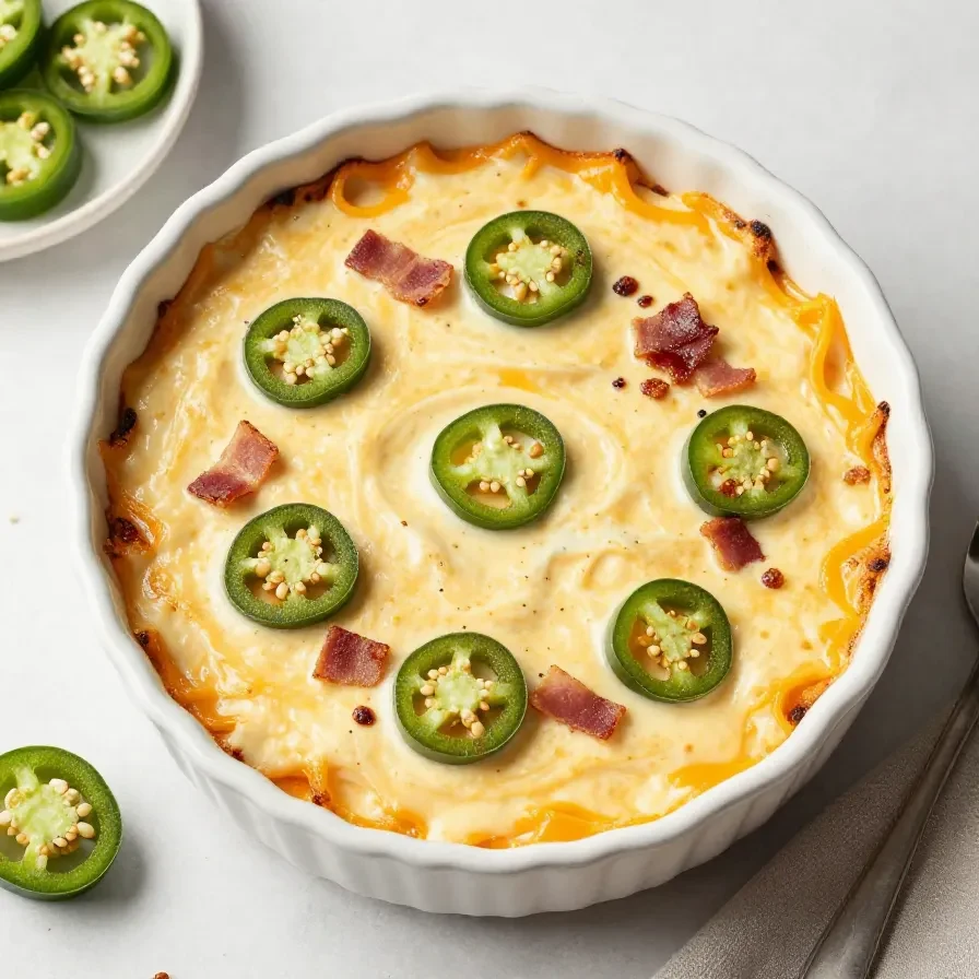 Creamy jalapeño popper dip topped with melted cheese, chopped jalapeños, and crispy breadcrumbs served in a baking dish with tortilla chips.