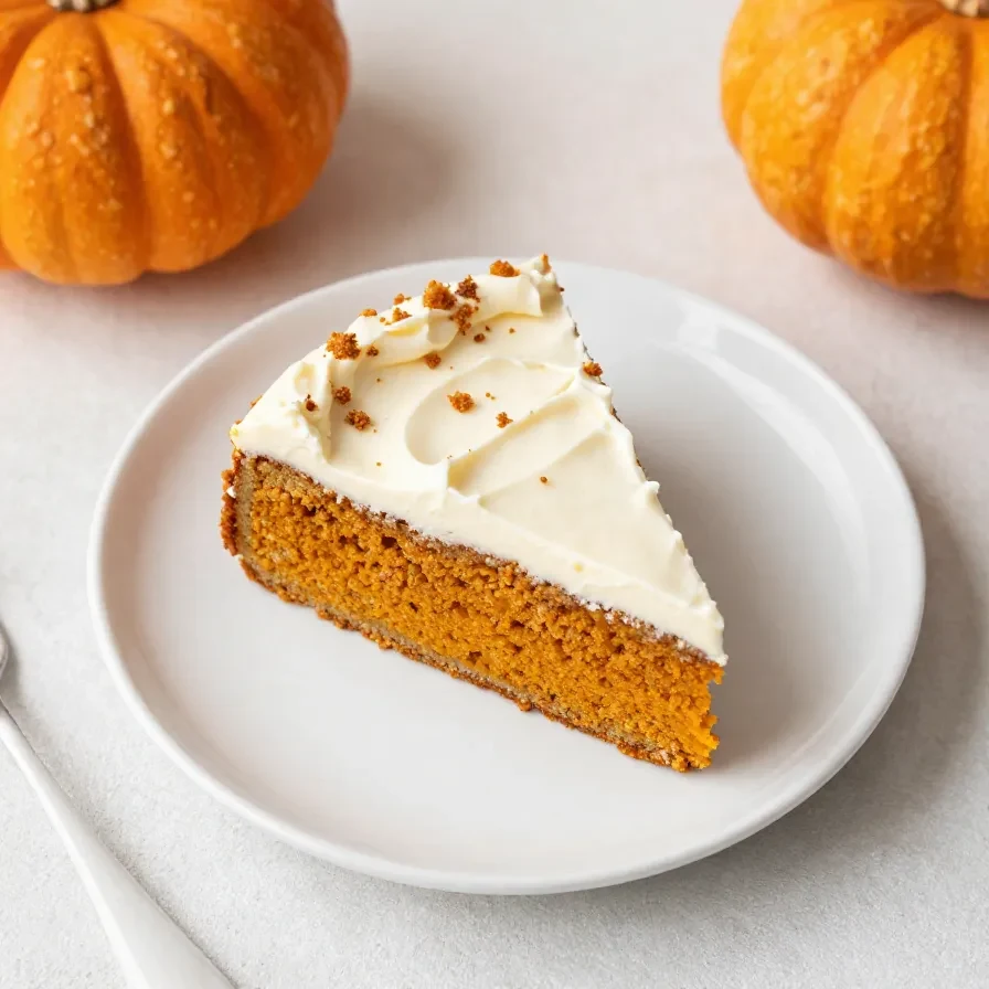 A frosted pumpkin cake topped with cinnamon dust and pumpkin spice decor on a rustic table