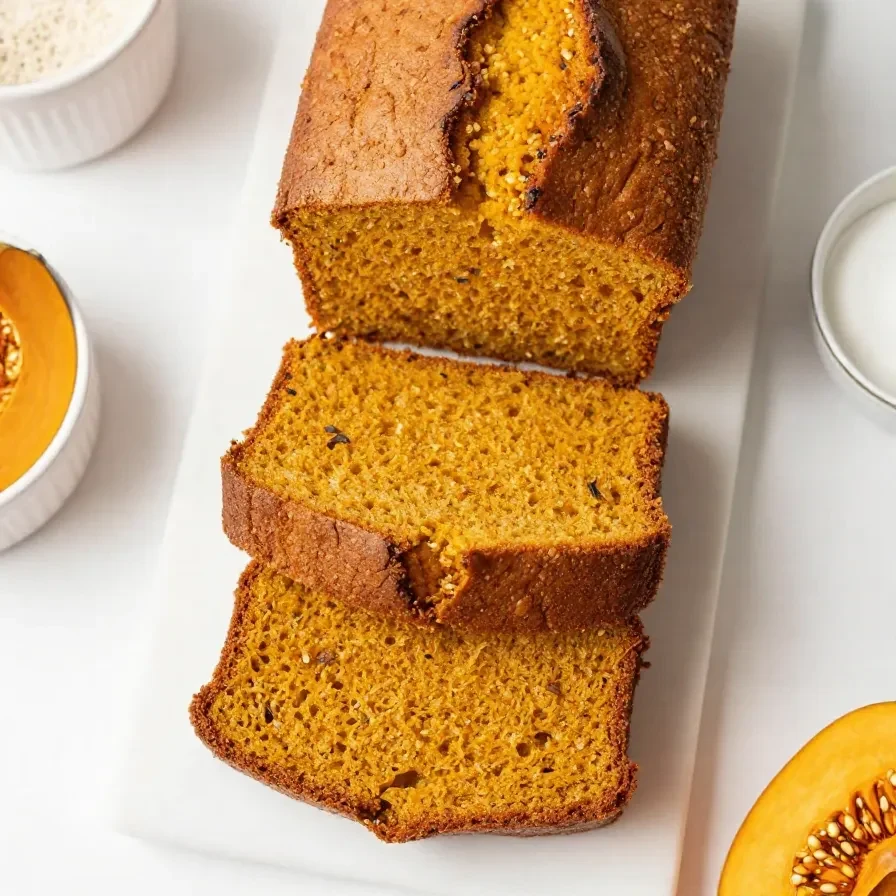 A loaf of incredibly moist pumpkin bread sliced on a wooden board with a soft crumb and warm autumn spices visible inside.
