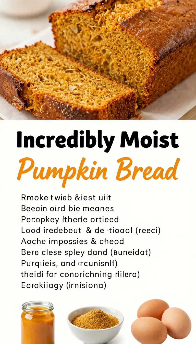 A loaf of incredibly moist pumpkin bread sliced on a wooden board with a soft crumb and warm autumn spices visible inside.