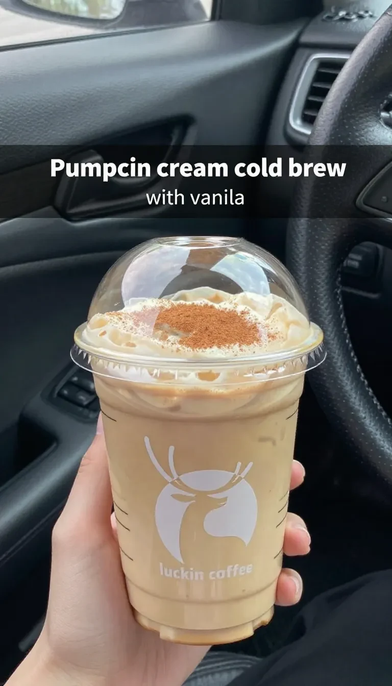 A Starbucks Pumpkin Cream Cold Brew served in a clear glass with whipped pumpkin cream, ice, and a dark coffee base.