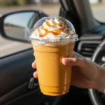 A creamy pumpkin pie frappe served in a tall glass with whipped cream, cinnamon, and a striped straw