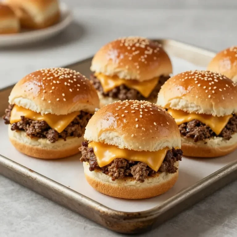 Tray of easy cheeseburger sliders with melted cheese, sesame seed buns, lettuce, and pickles on a baking sheet