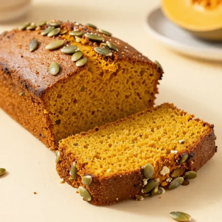 A sliced loaf of copycat Starbucks pumpkin bread on a cutting board with visible pumpkin seeds and warm autumn tones