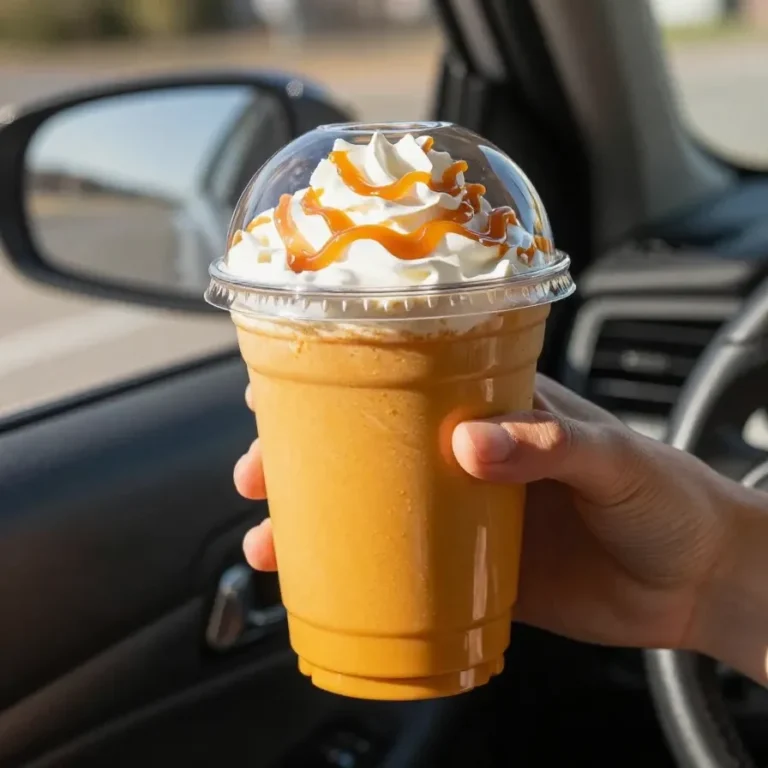 A creamy pumpkin pie frappe served in a tall glass with whipped cream, cinnamon, and a striped straw