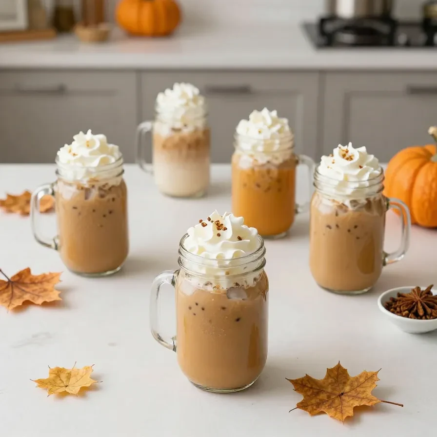 A pumpkin spice latte served iced in a clear glass with whipped cream, cinnamon, and pumpkin spice sprinkle on a rustic table