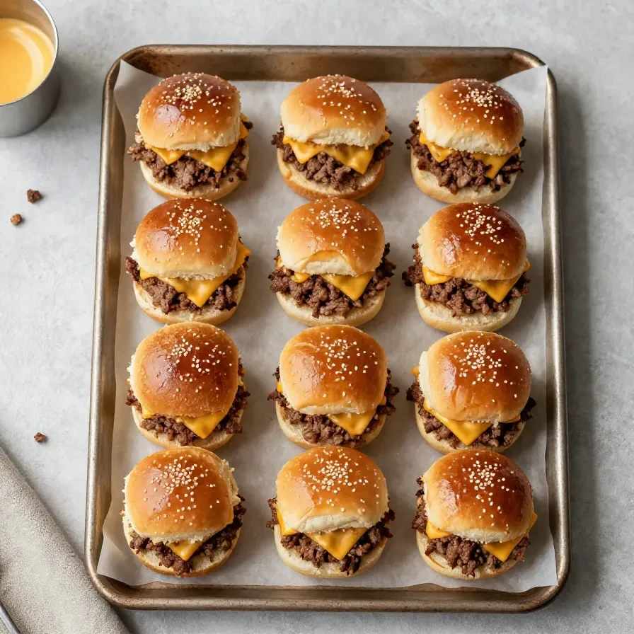 Tray of easy cheeseburger sliders with melted cheese, sesame seed buns, lettuce, and pickles on a baking sheet