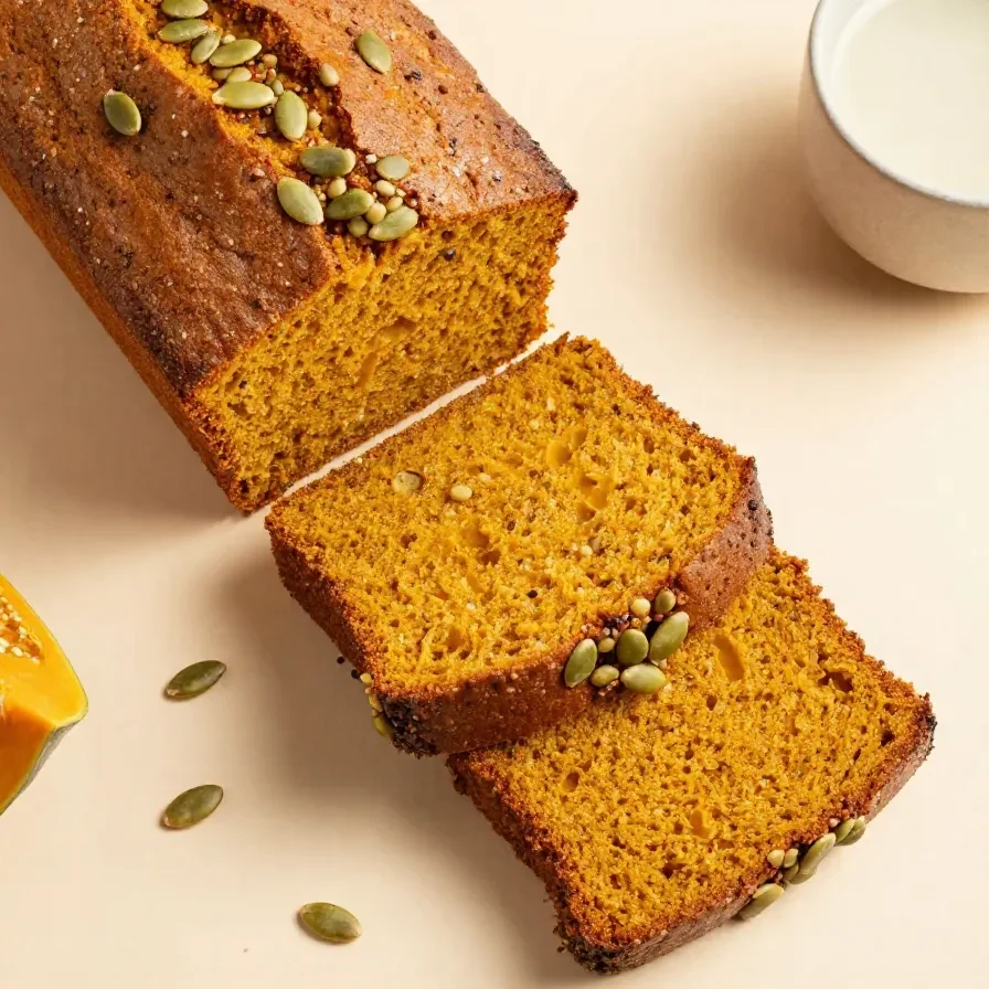 A sliced loaf of copycat Starbucks pumpkin bread on a cutting board with visible pumpkin seeds and warm autumn tones