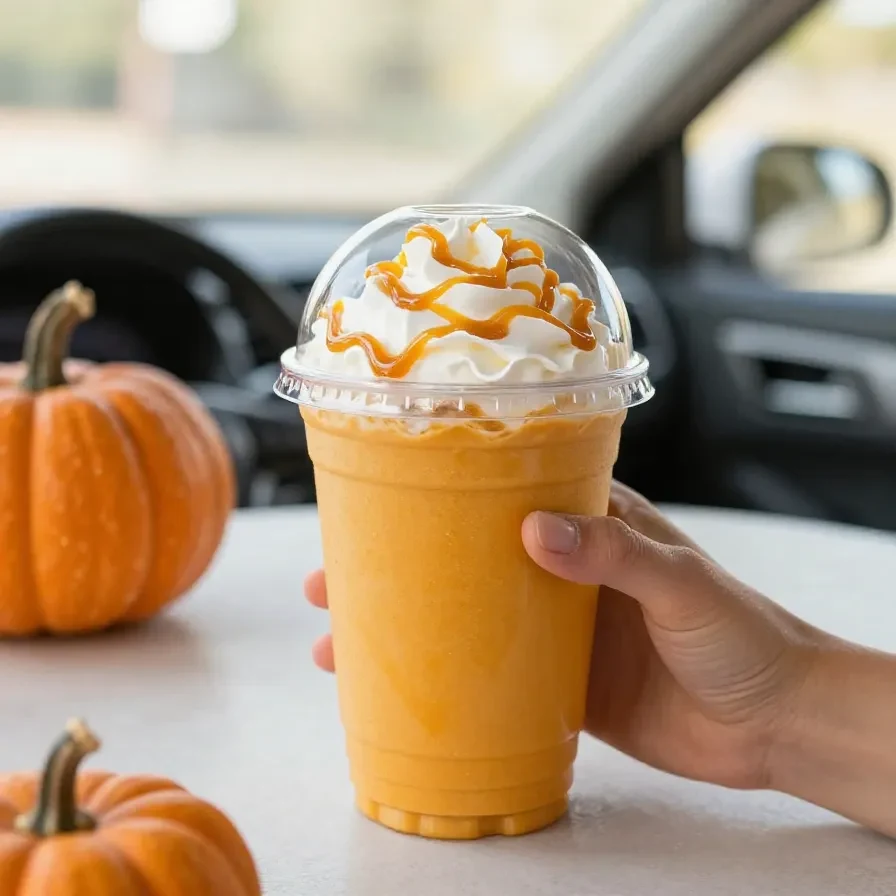 A creamy pumpkin pie frappe served in a tall glass with whipped cream, cinnamon, and a striped straw