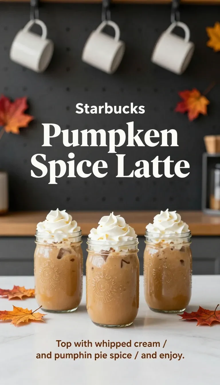 A pumpkin spice latte served iced in a clear glass with whipped cream, cinnamon, and pumpkin spice sprinkle on a rustic table