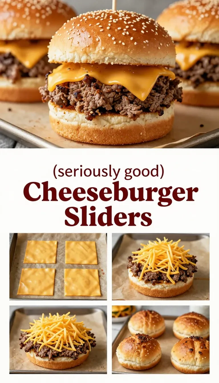 Tray of easy cheeseburger sliders with melted cheese, sesame seed buns, lettuce, and pickles on a baking sheet