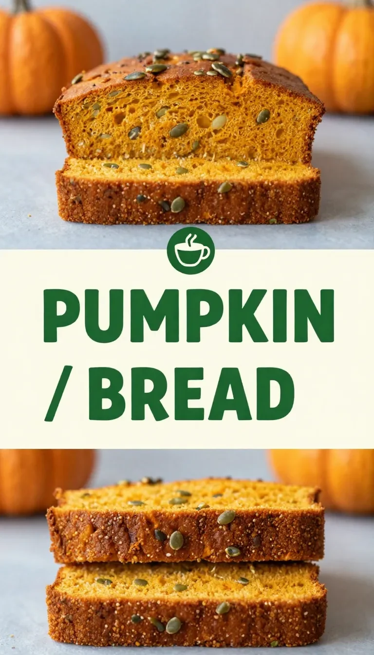 A sliced loaf of copycat Starbucks pumpkin bread on a cutting board with visible pumpkin seeds and warm autumn tones