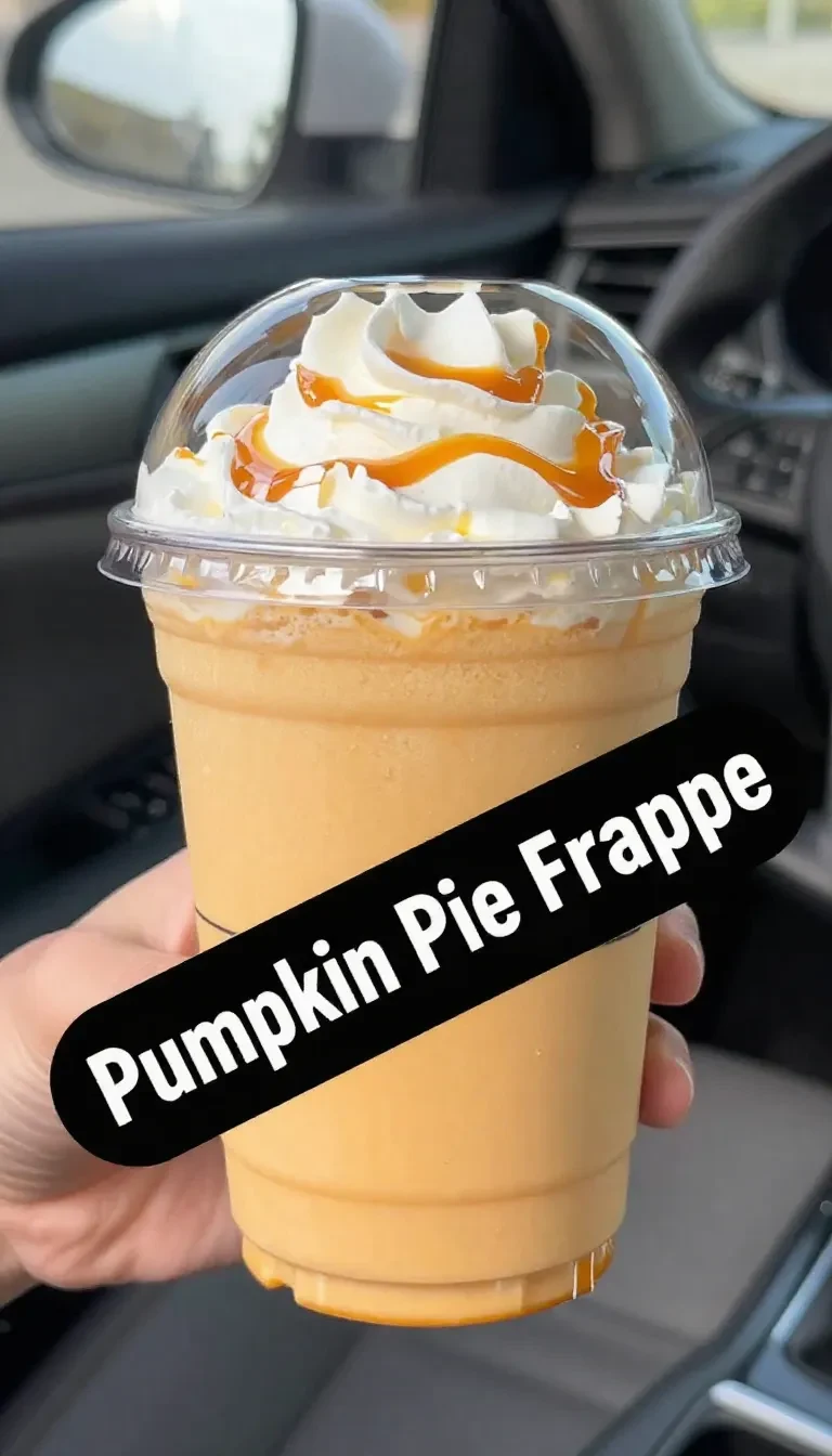 A creamy pumpkin pie frappe served in a tall glass with whipped cream, cinnamon, and a striped straw