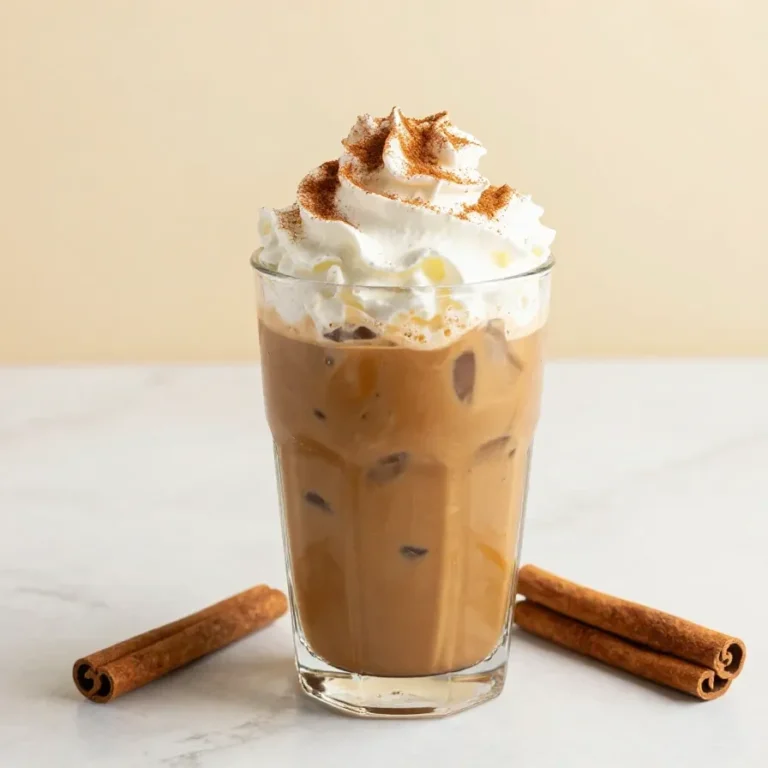 Pumpkin Spice Cold Brew Recipe A glass of pumpkin spice cold brew topped with creamy foam and a sprinkle of cinnamon on a wooden table.