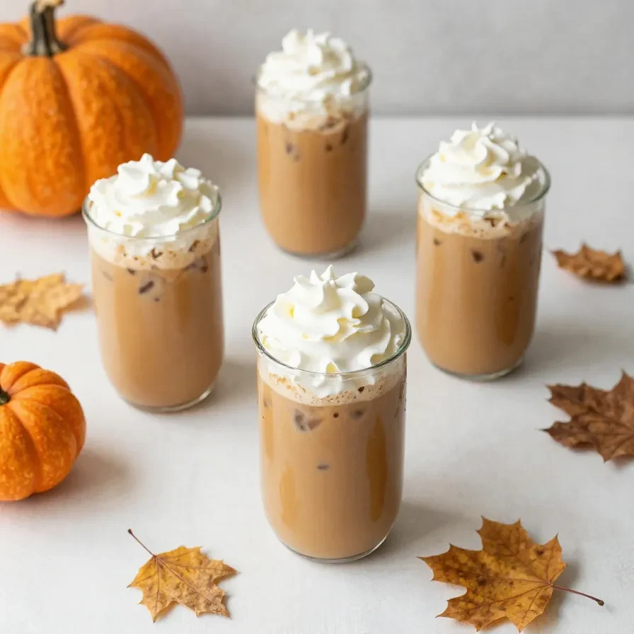 A frothy iced pumpkin spice latte in a clear glass with ice cubes, cinnamon, and whipped cream beside a warm hot pumpkin spice latte in a mug.