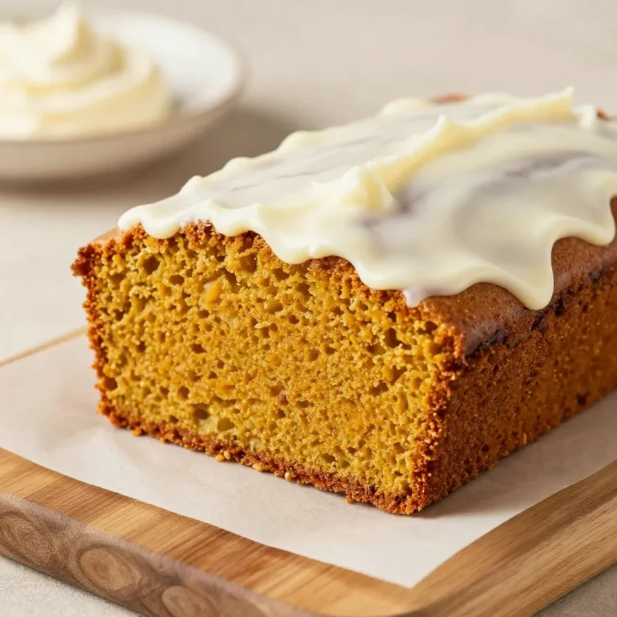 Slice of pumpkin bread topped with creamy cream cheese frosting on a white plate