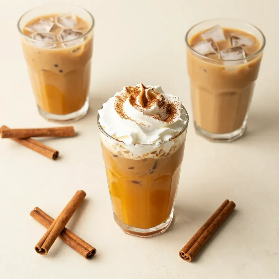 A glass of pumpkin spice cold brew topped with creamy foam and a sprinkle of cinnamon on a wooden table.