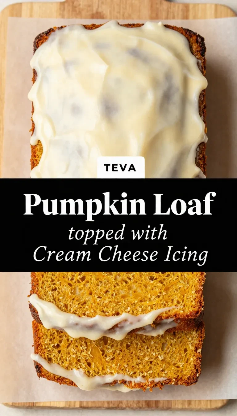 Slice of pumpkin bread topped with creamy cream cheese frosting on a white plate