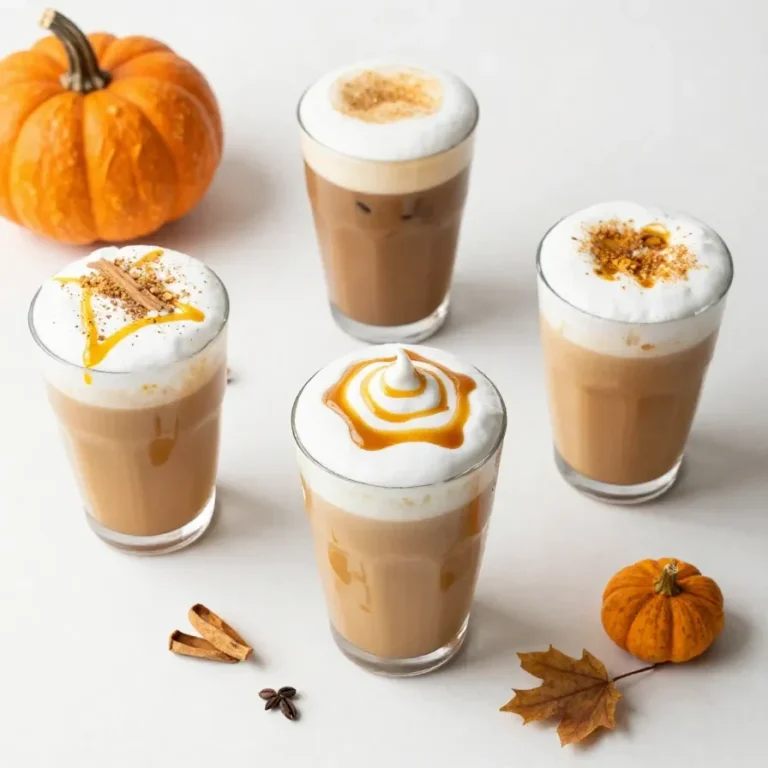 A creamy pumpkin spice chai latte in a clear mug topped with whipped cream and cinnamon on a rustic wooden table.