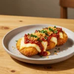 Golden brown blackstone fried mozzarella sticks served hot on a plate with marinara sauce