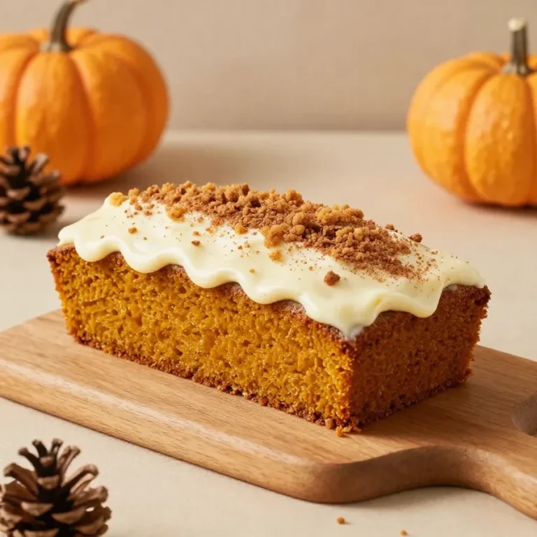A sliced spiced pumpkin loaf dusted with cinnamon on a wooden board