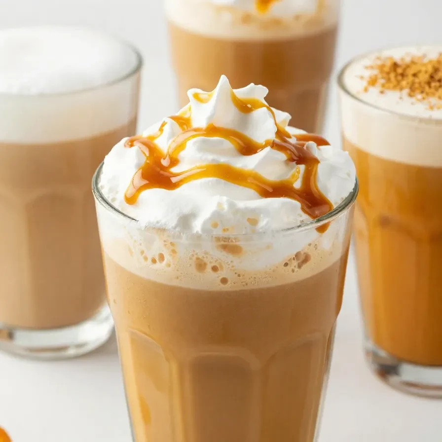 A creamy pumpkin spice chai latte in a clear mug topped with whipped cream and cinnamon on a rustic wooden table.