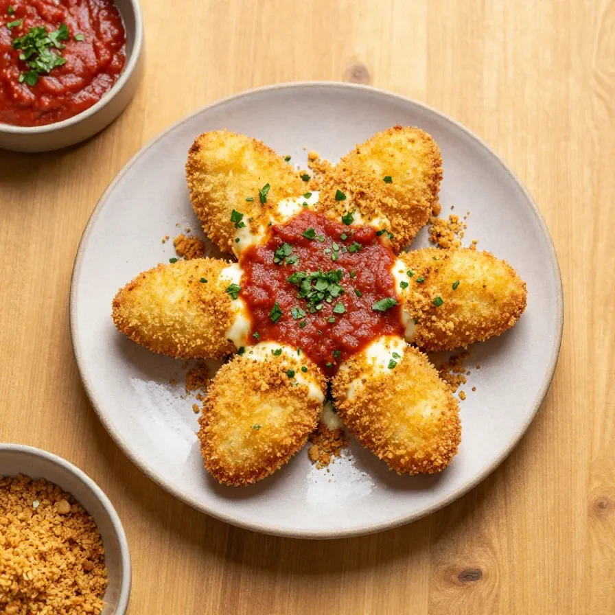Golden brown blackstone fried mozzarella sticks served hot on a plate with marinara sauce
