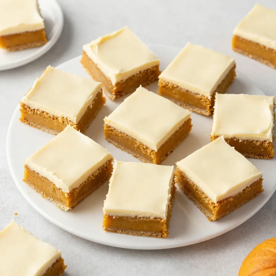 A tray of keto pumpkin bars topped with creamy cream cheese frosting and a light dusting of cinnamon.