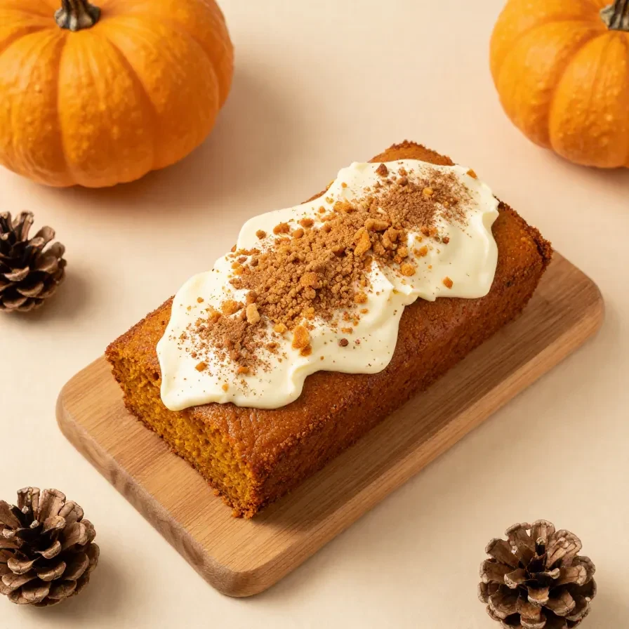 A sliced spiced pumpkin loaf dusted with cinnamon on a wooden board