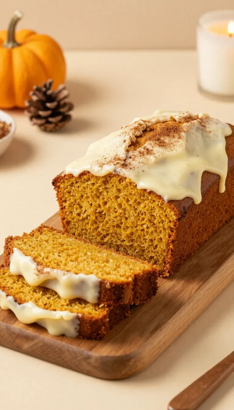 A sliced spiced pumpkin loaf dusted with cinnamon on a wooden board