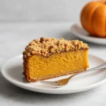 A slice of pumpkin coffee cake topped with brown sugar cinnamon streusel on a white plate