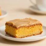 A tray of easy pumpkin bars topped with smooth caramel frosting, cut into neat squares and sprinkled with a light dusting of cinnamon.