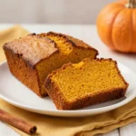 A loaf of freshly baked pumpkin bread on a cooling rack with a slice cut out, showing a moist orange crumb