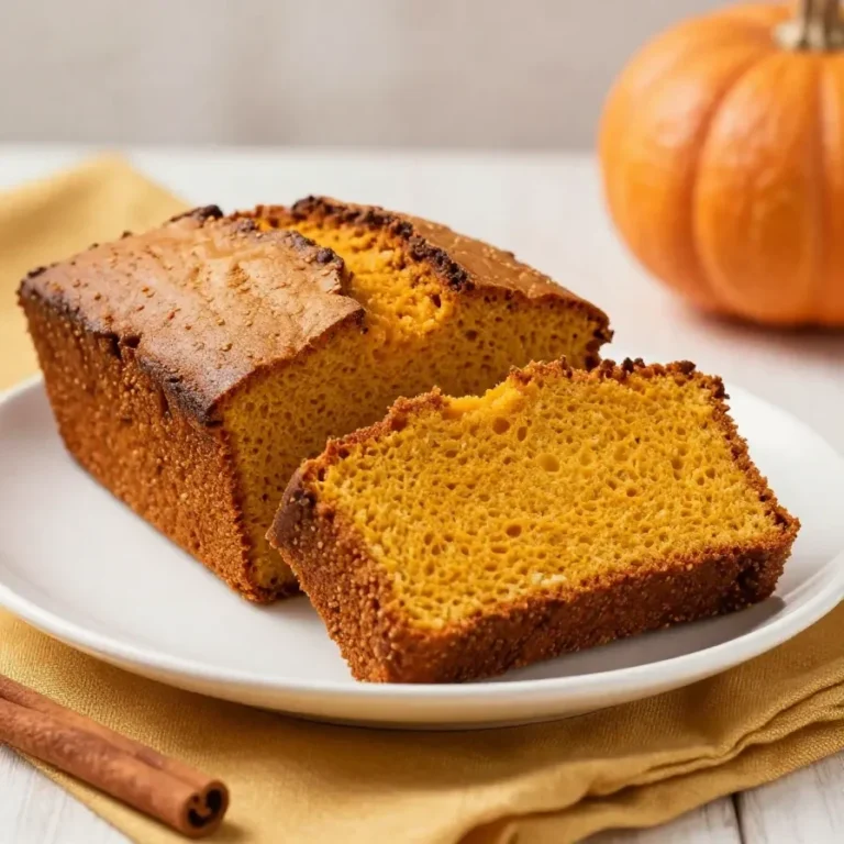 A loaf of freshly baked pumpkin bread on a cooling rack with a slice cut out, showing a moist orange crumb