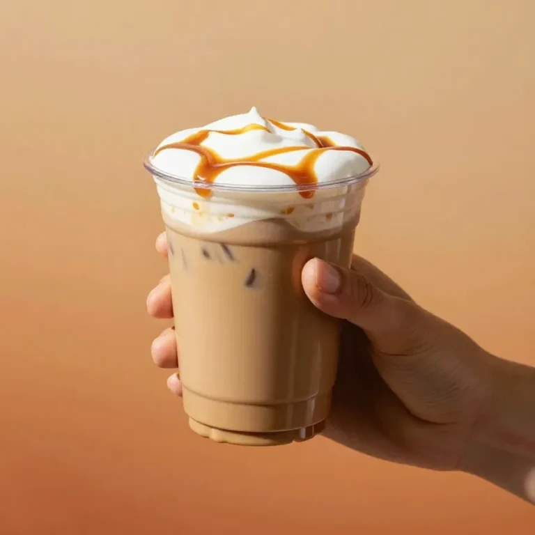 Pumpkin cinnamon roll latte A mug of pumpkin cinnamon roll latte topped with whipped cream, cinnamon, and a swirl of caramel on a cozy table